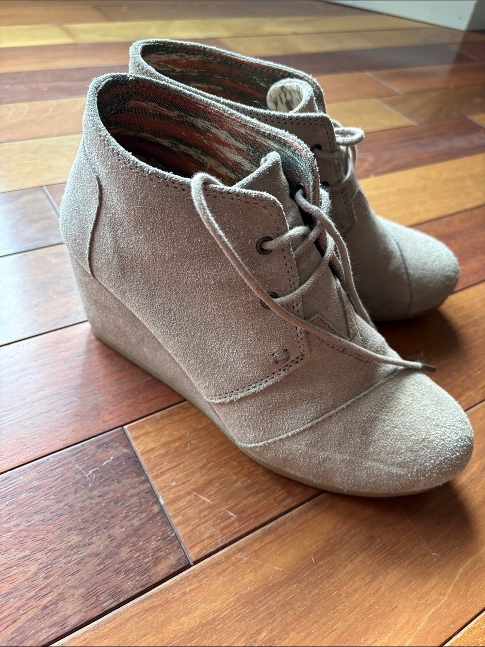 Toms Taupe Suede Lace-Up Wedge Booties